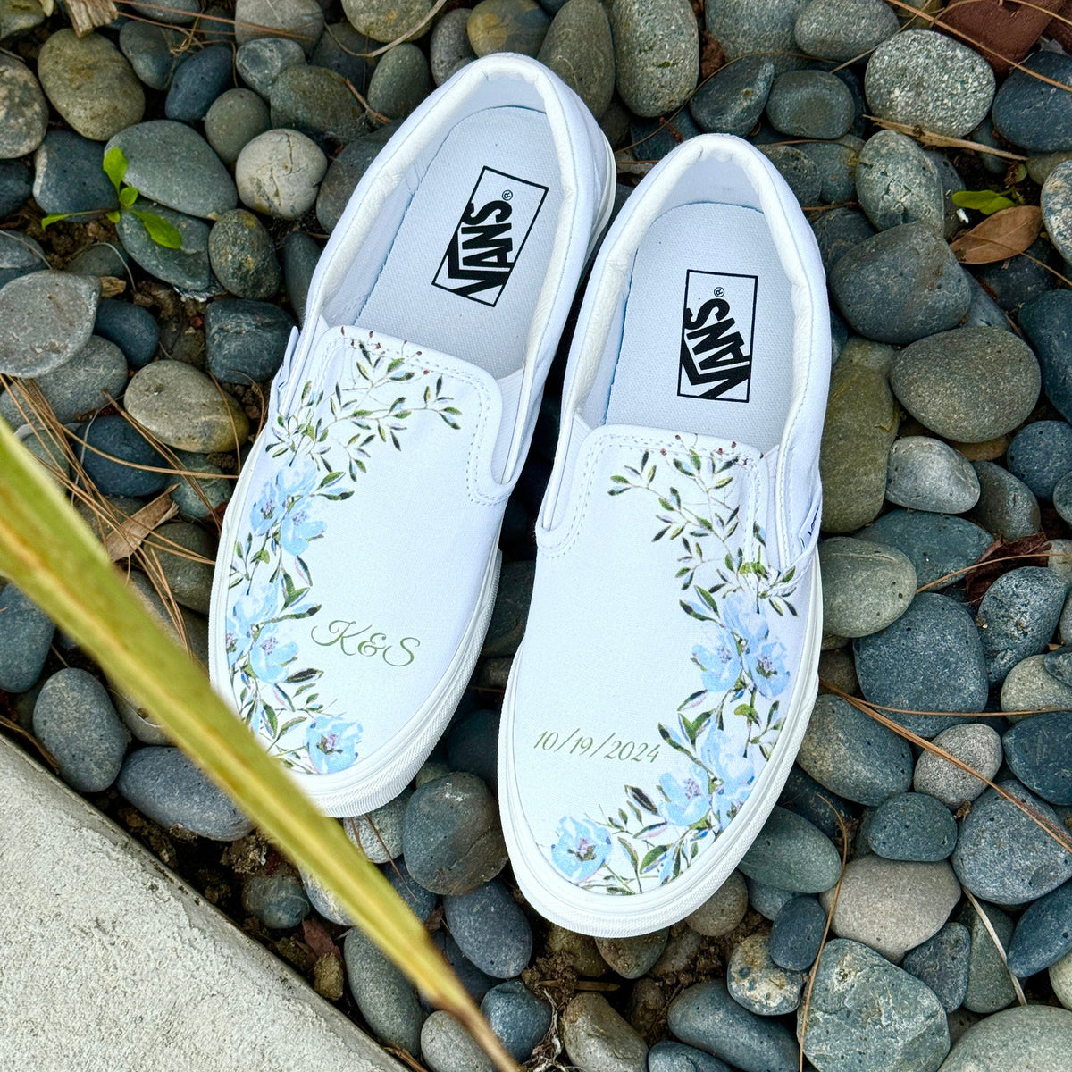 Personalizable Wedding Custom Slip On Vans Bridal Shoes with Initials and Date - Custom Wedding Sneakers