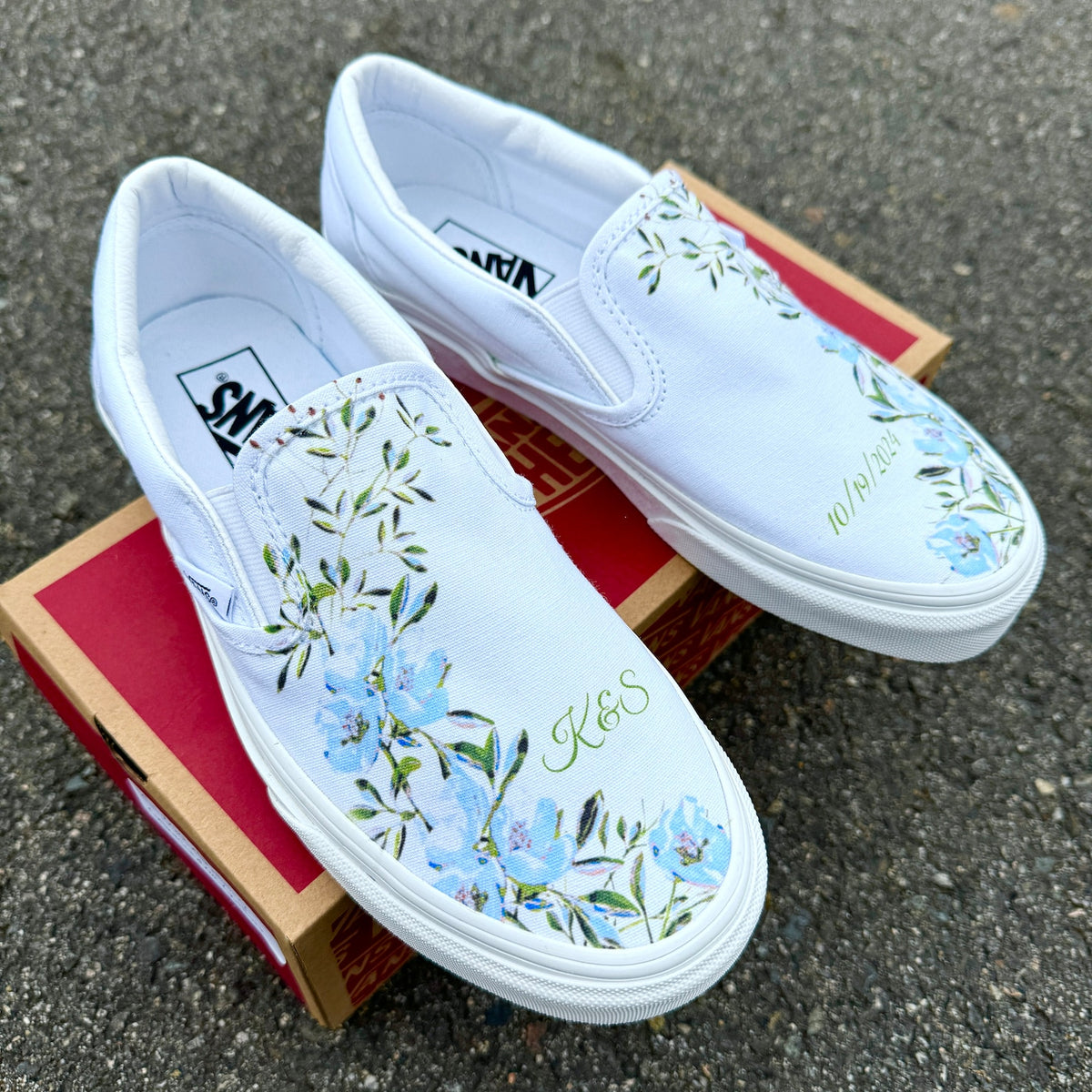 Personalizable Wedding Custom Slip On Vans Bridal Shoes with Initials and Date - Custom Wedding Sneakers