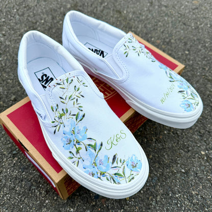 Personalizable Wedding Custom Slip On Vans Bridal Shoes with Initials and Date - Custom Wedding Sneakers