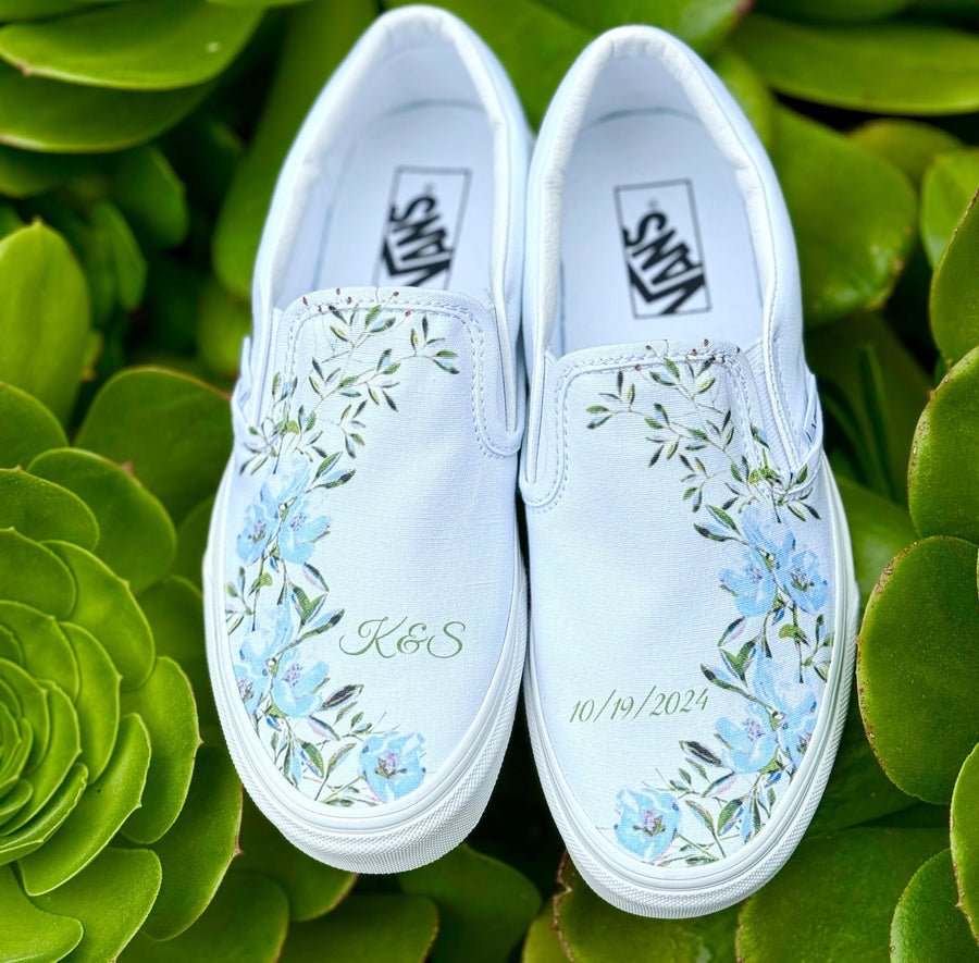 Personalizable Wedding Custom Slip On Vans Bridal Shoes with Initials and Date - Custom Wedding Sneakers