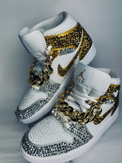 Rhinestone Jordan 1 Mids, Silver & Gold Custom Bling Sneakers, Bedazzled Nikes