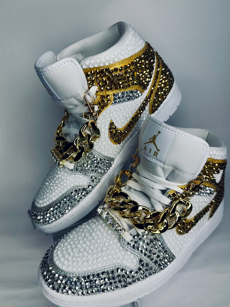 Rhinestone Jordan 1 Mids, Silver & Gold Custom Bling Sneakers, Bedazzled Nikes
