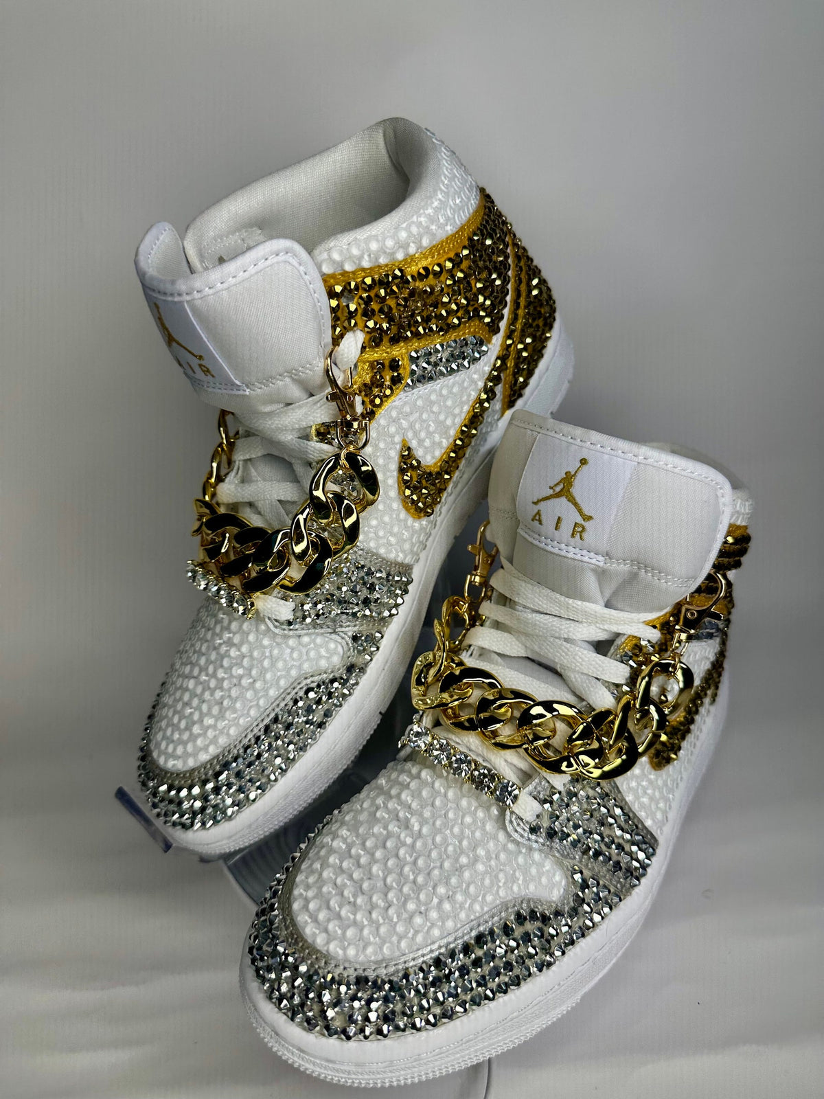 Rhinestone Jordan 1 Mids, Silver & Gold Custom Bling Sneakers, Bedazzled Nikes