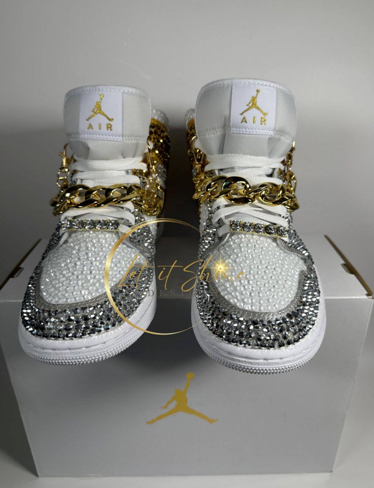 Rhinestone Jordan 1 Mids, Silver & Gold Custom Bling Sneakers, Bedazzled Nikes