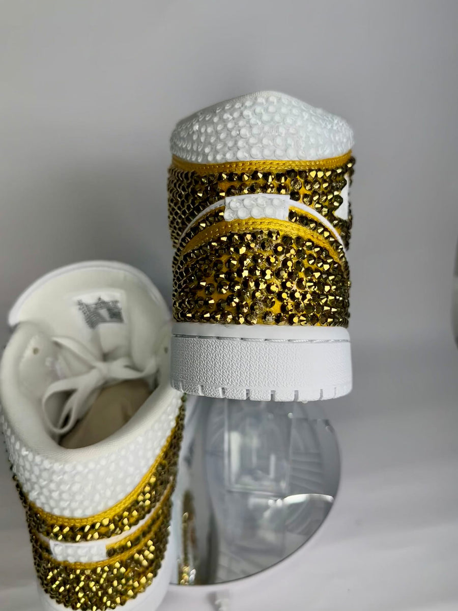 Rhinestone Jordan 1 Mids, Silver & Gold Custom Bling Sneakers, Bedazzled Nikes