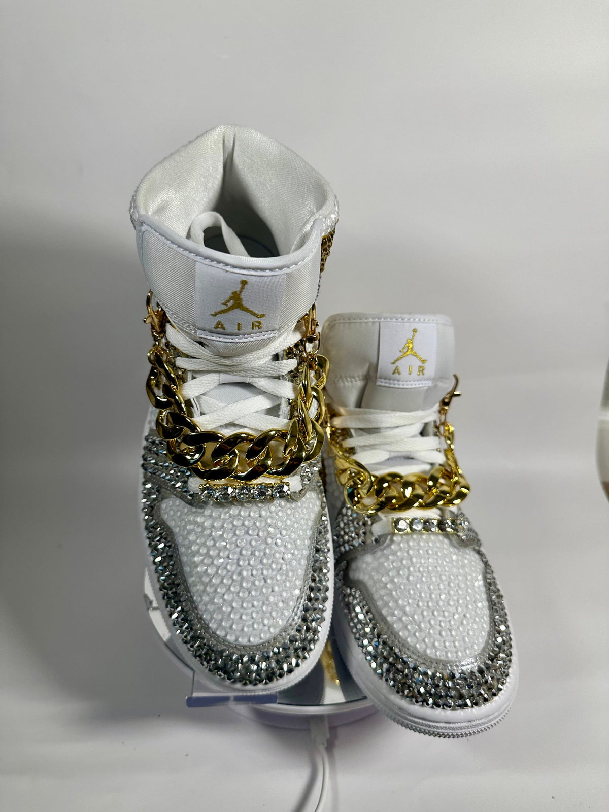Rhinestone Jordan 1 Mids, Silver & Gold Custom Bling Sneakers, Bedazzled Nikes