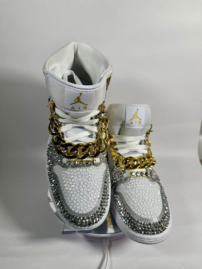 Rhinestone Jordan 1 Mids, Silver & Gold Custom Bling Sneakers, Bedazzled Nikes