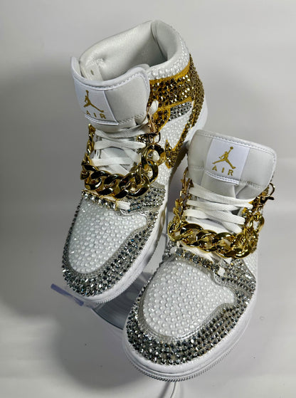 Rhinestone Jordan 1 Mids, Silver & Gold Custom Bling Sneakers, Bedazzled Nikes