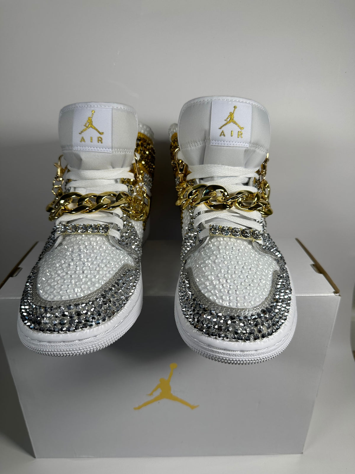 Rhinestone Jordan 1 Mids, Silver & Gold Custom Bling Sneakers, Bedazzled Nikes