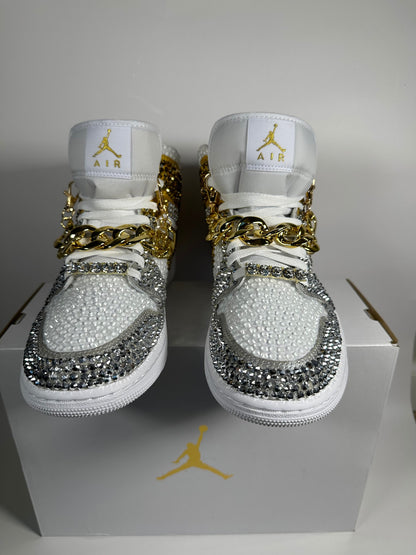 Rhinestone Jordan 1 Mids, Silver & Gold Custom Bling Sneakers, Bedazzled Nikes
