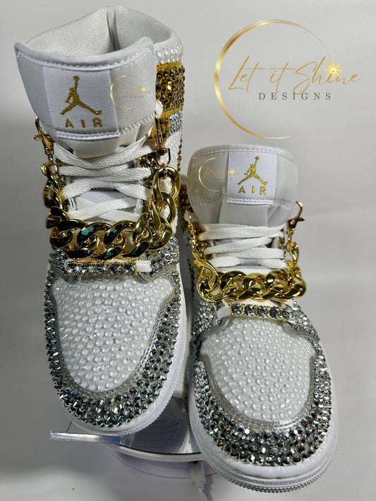 Rhinestone Jordan 1 Mids, Silver & Gold Custom Bling Sneakers, Bedazzled Nikes