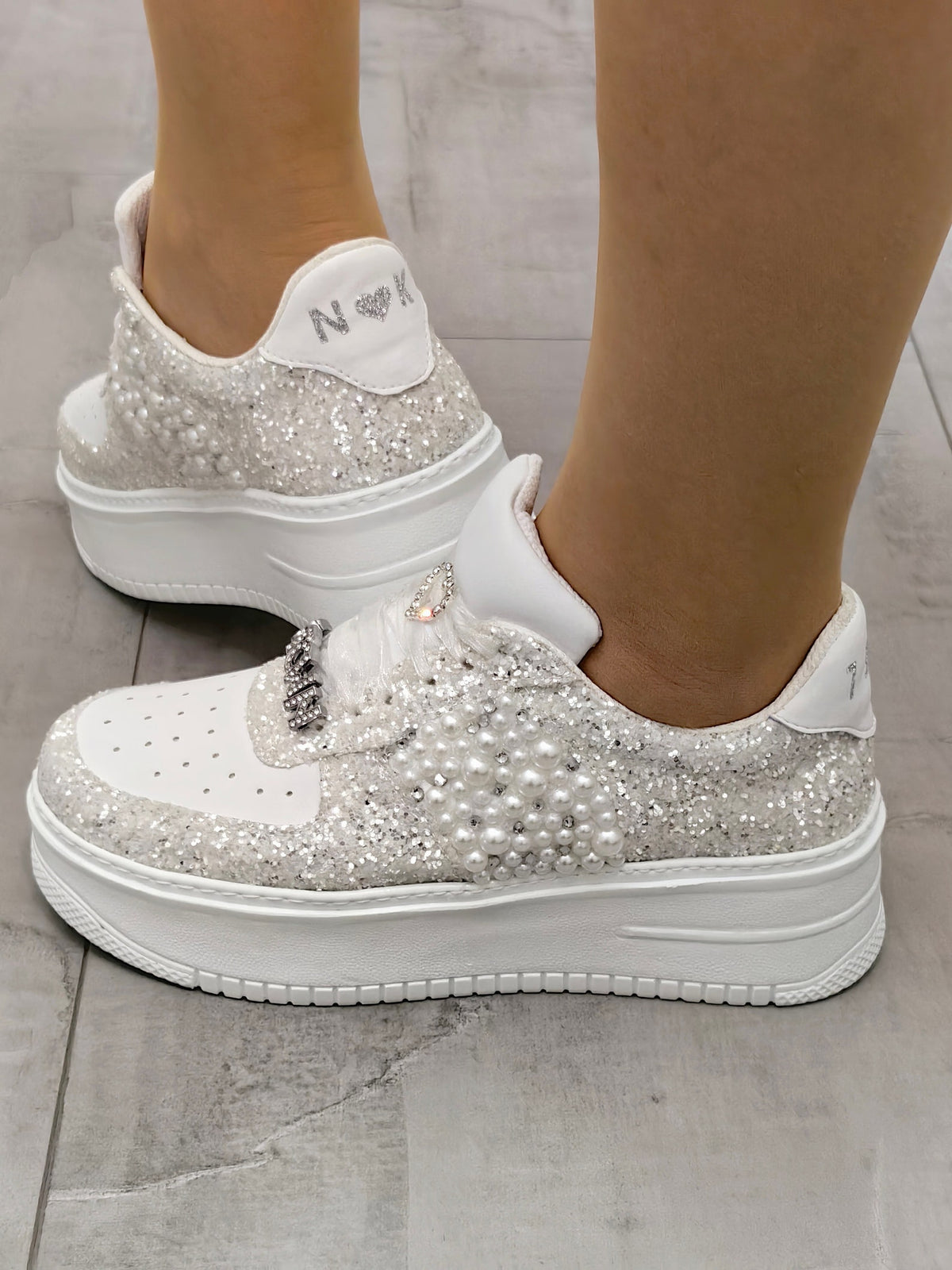 Personalized Bridal Sneakers, Pearl & Glitter Wedding Shoes