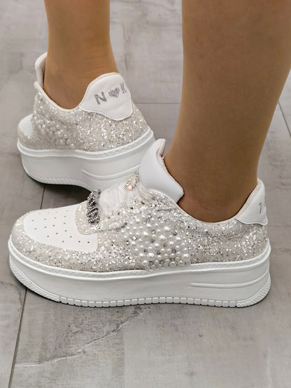 Personalized Bridal Sneakers, Pearl & Glitter Wedding Shoes
