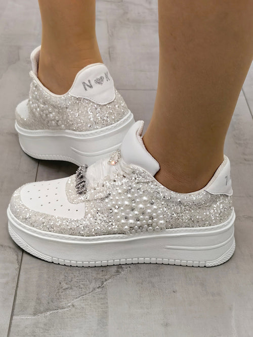 Personalized Bridal Sneakers, Pearl & Glitter Wedding Shoes