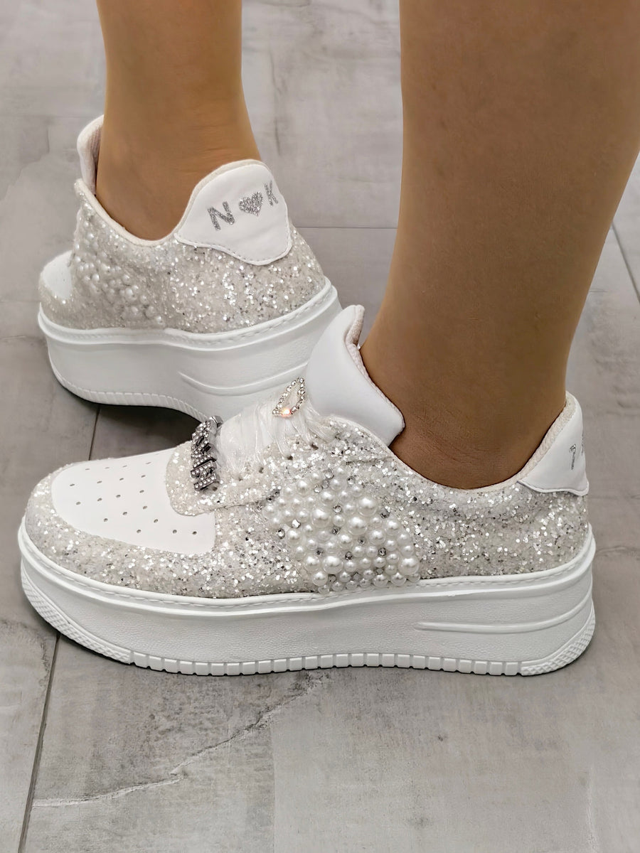 Personalized Bridal Sneakers, Pearl & Glitter Wedding Shoes