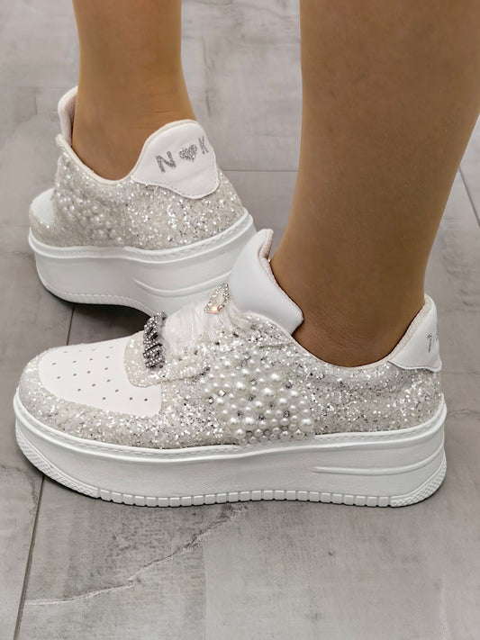 Personalized Bridal Sneakers, Pearl & Glitter Wedding Shoes
