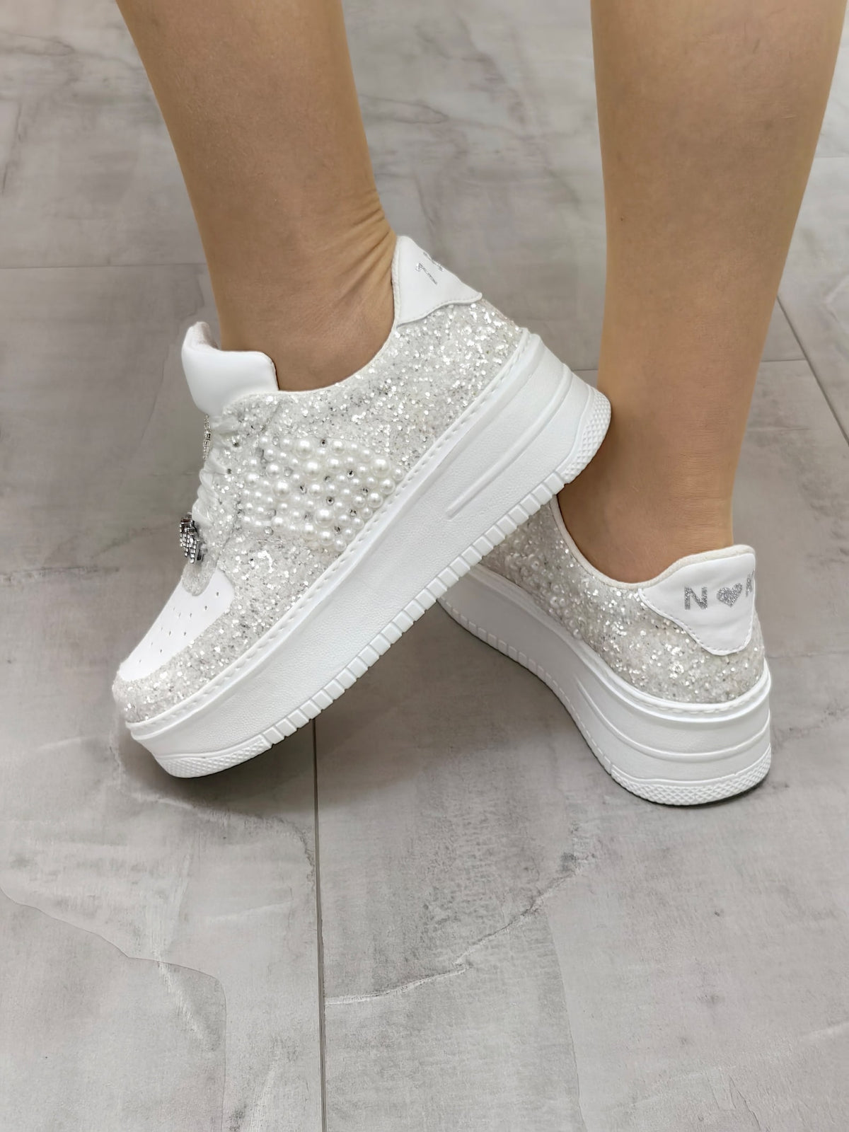 Personalized Bridal Sneakers, Pearl & Glitter Wedding Shoes