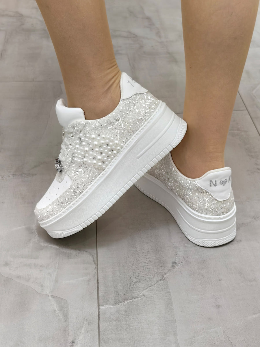 Personalized Bridal Sneakers, Pearl & Glitter Wedding Shoes