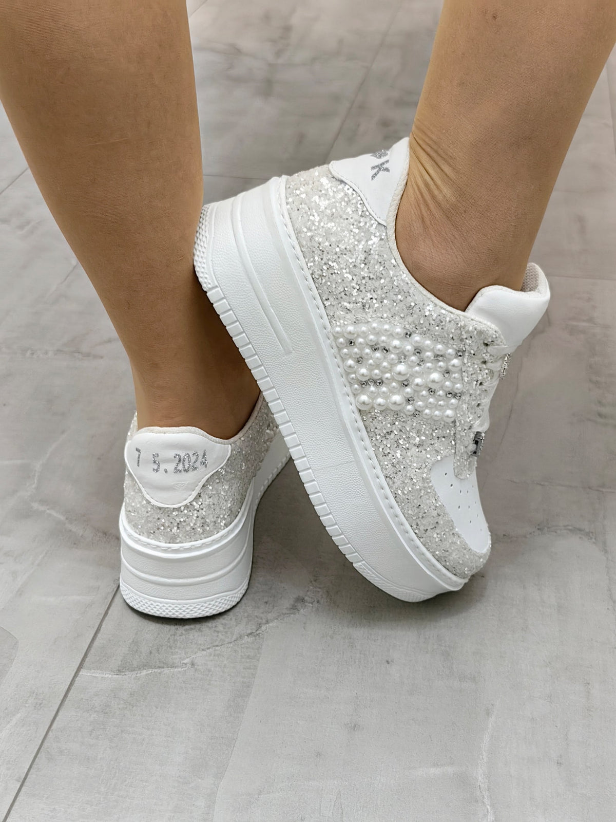 Personalized Bridal Sneakers, Pearl & Glitter Wedding Shoes