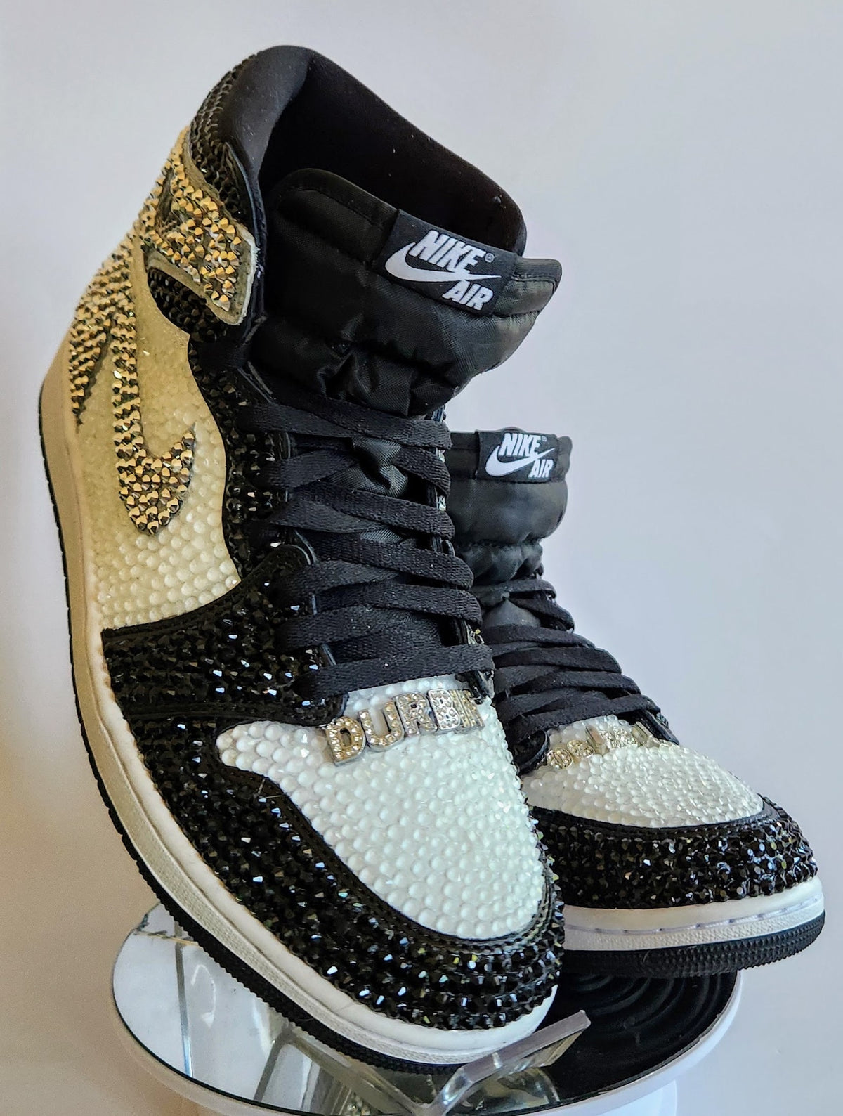 Bling Black and White Jordan 1 High OG Custom Rhinestone Sneakers, Bedazzled Nikes