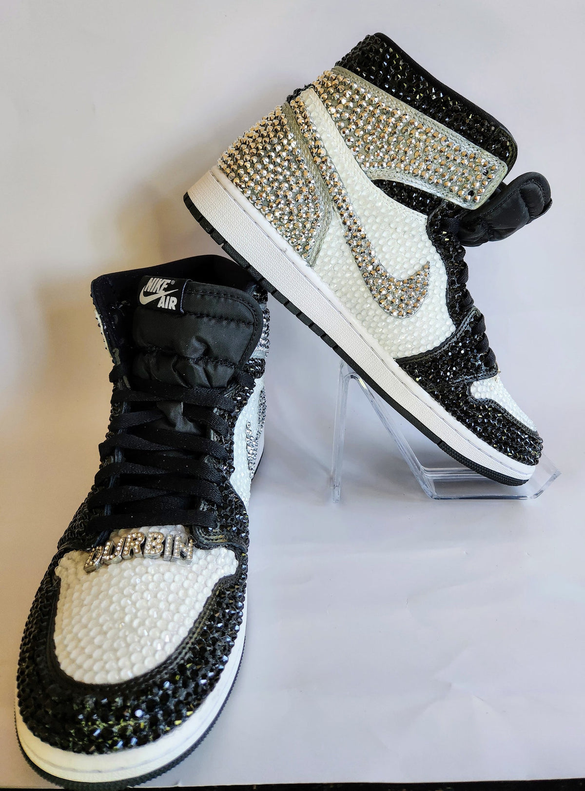 Bling Black and White Jordan 1 High OG Custom Rhinestone Sneakers, Bedazzled Nikes