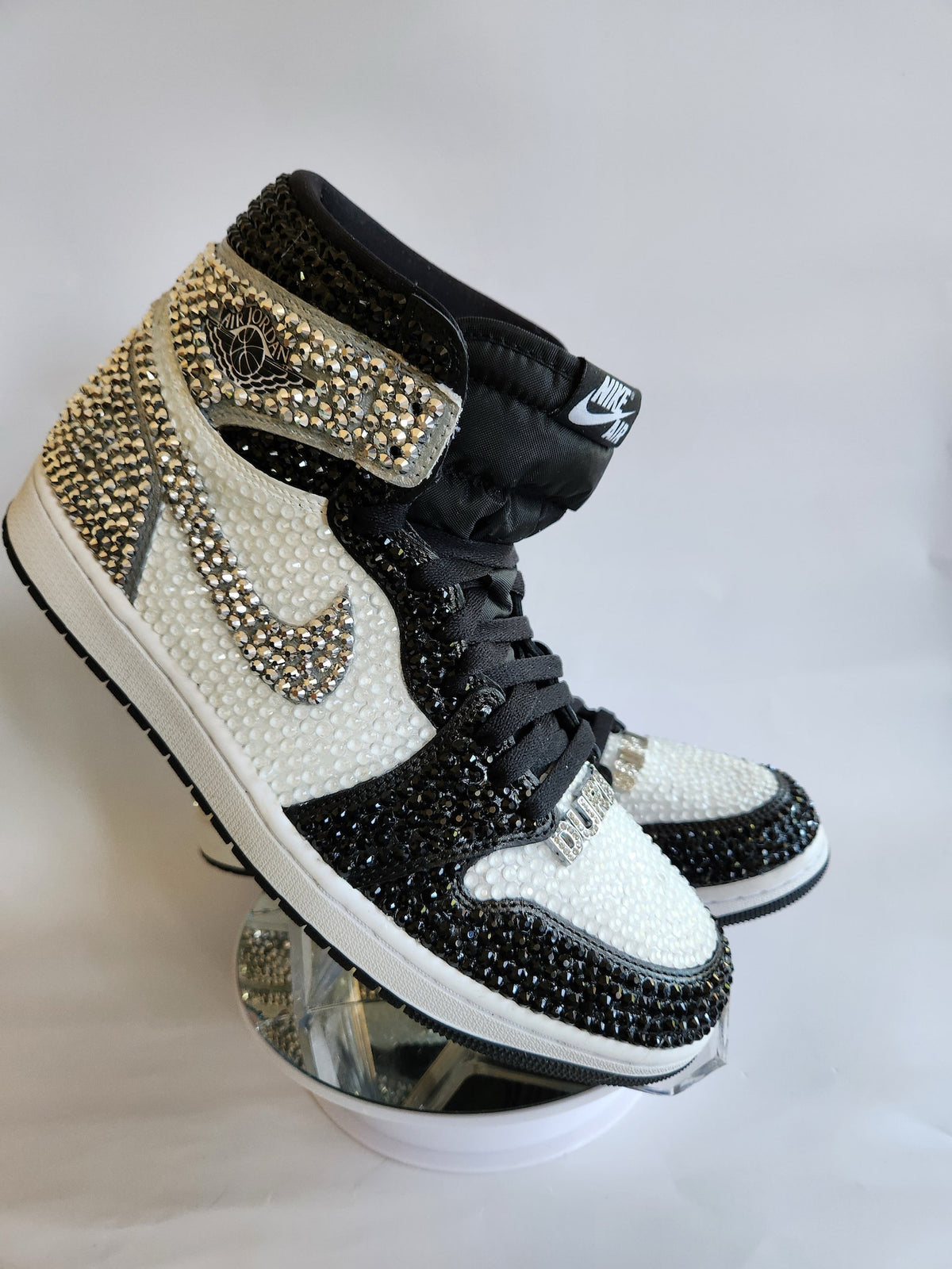 Bling Black and White Jordan 1 High OG Custom Rhinestone Sneakers, Bedazzled Nikes