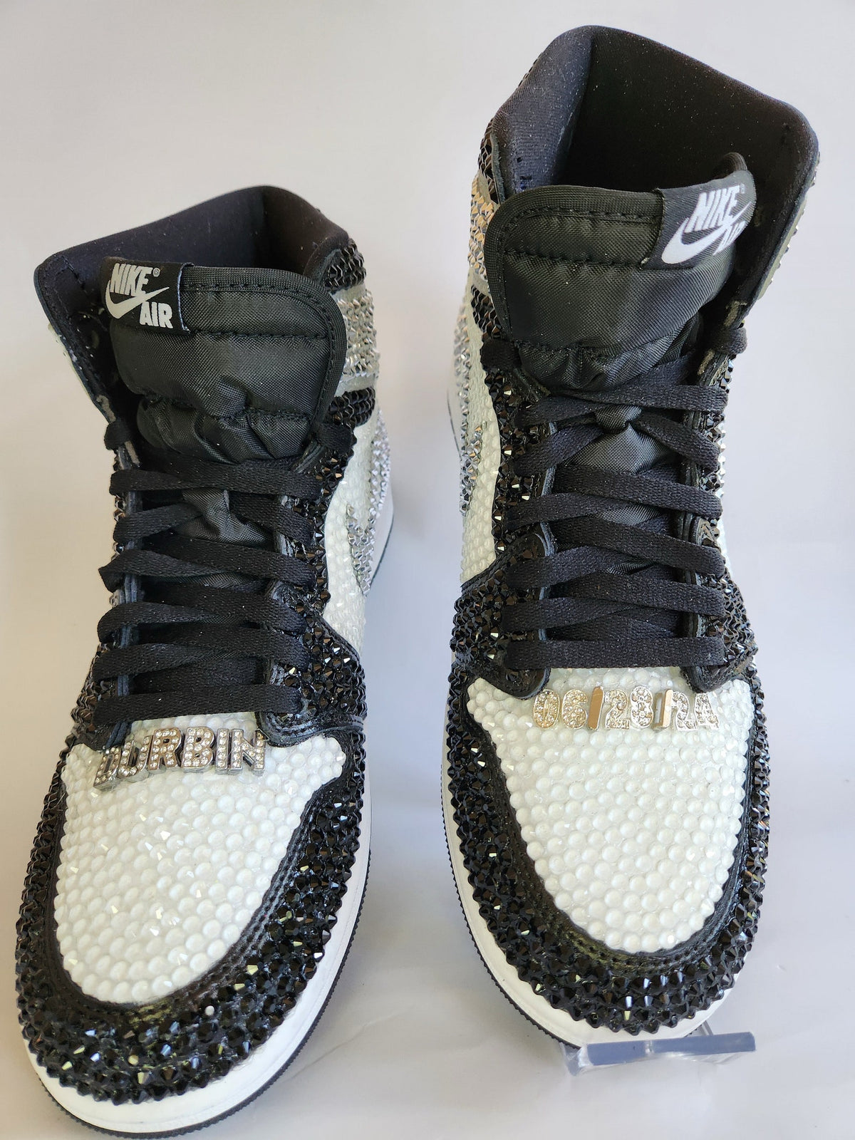 Bling Black and White Jordan 1 High OG Custom Rhinestone Sneakers, Bedazzled Nikes