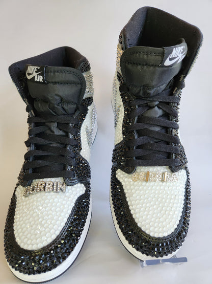 Bling Black and White Jordan 1 High OG Custom Rhinestone Sneakers, Bedazzled Nikes