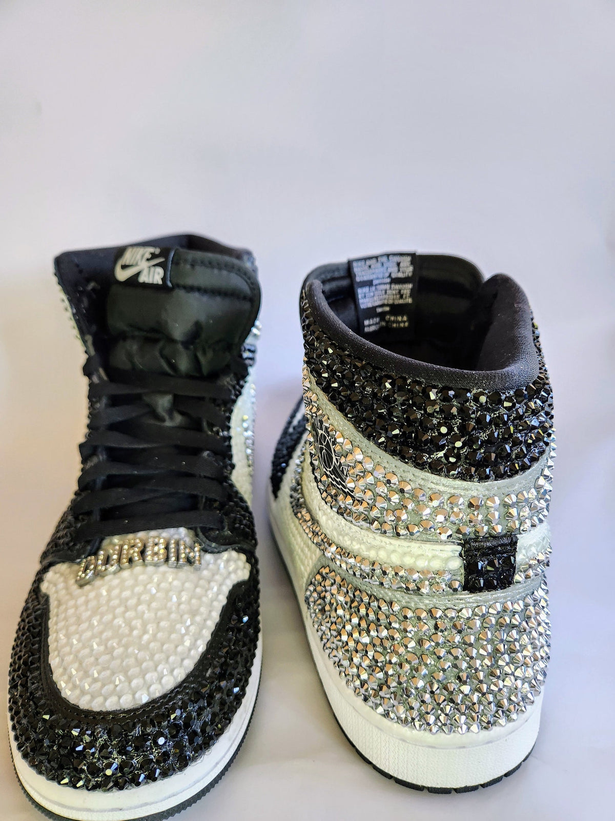 Bling Black and White Jordan 1 High OG Custom Rhinestone Sneakers, Bedazzled Nikes
