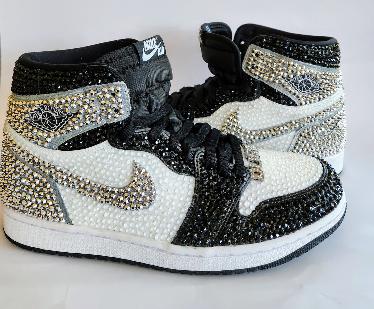Bling Black and White Jordan 1 High OG Custom Rhinestone Sneakers, Bedazzled Nikes