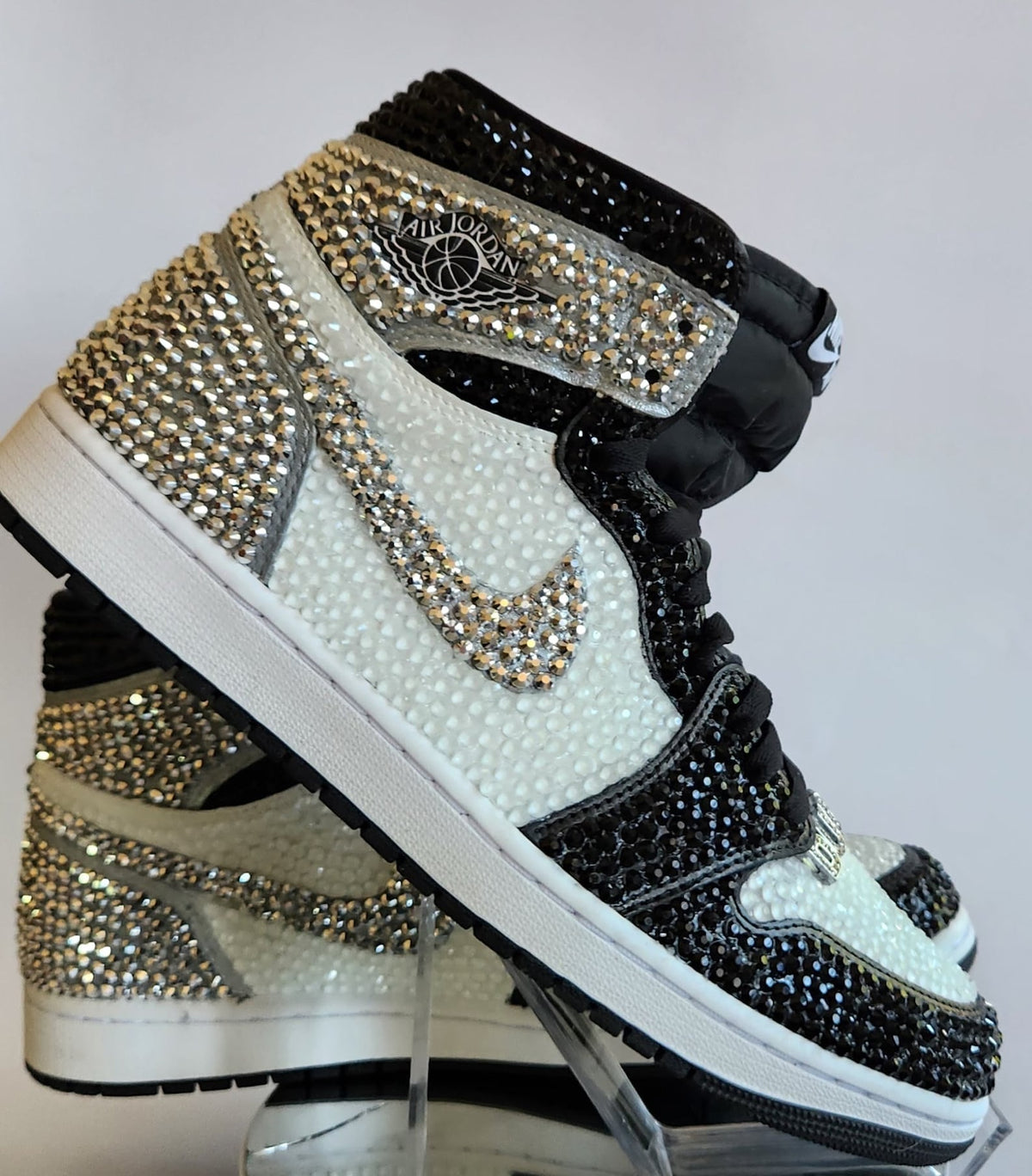 Bling Black and White Jordan 1 High OG Custom Rhinestone Sneakers, Bedazzled Nikes