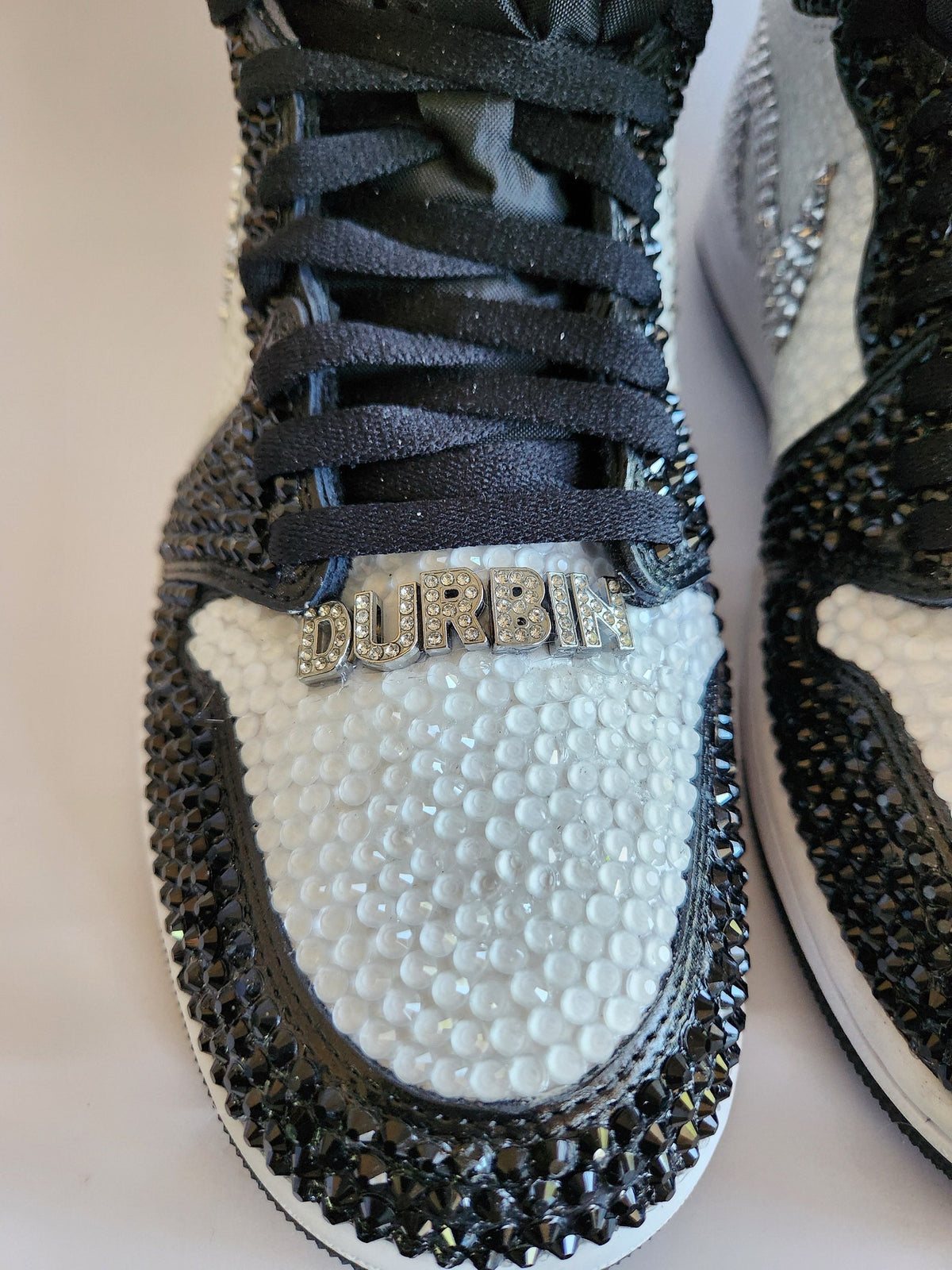 Bling Black and White Jordan 1 High OG Custom Rhinestone Sneakers, Bedazzled Nikes