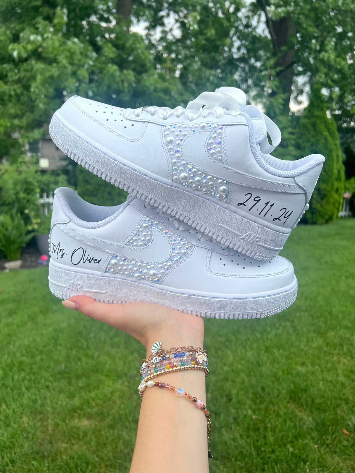 Youth Wedding Sneakers: Personalized white irridescent Rhinestone and white Pearl Air Force 1