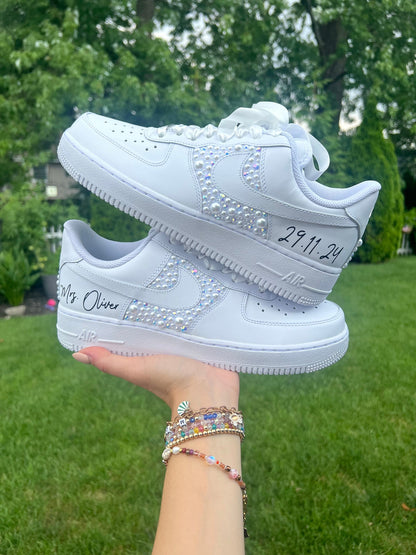 Youth Wedding Sneakers: Personalized white irridescent Rhinestone and white Pearl Air Force 1