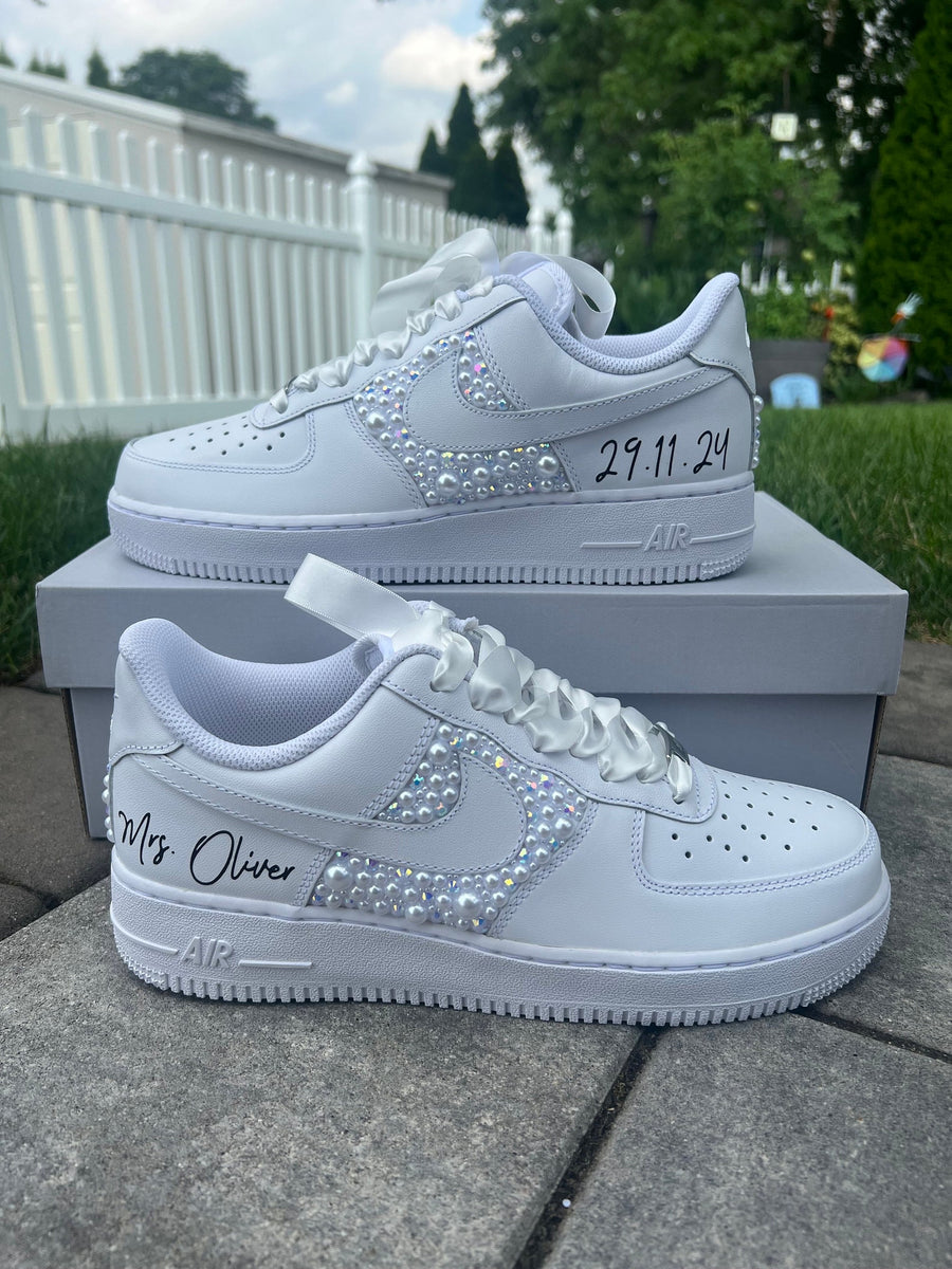 Youth Wedding Sneakers: Personalized white irridescent Rhinestone and white Pearl Air Force 1