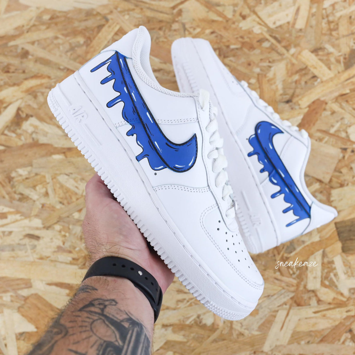 Custom Air Force 1 cartoon blue sketch Drip color flowing effect unisex sneakers