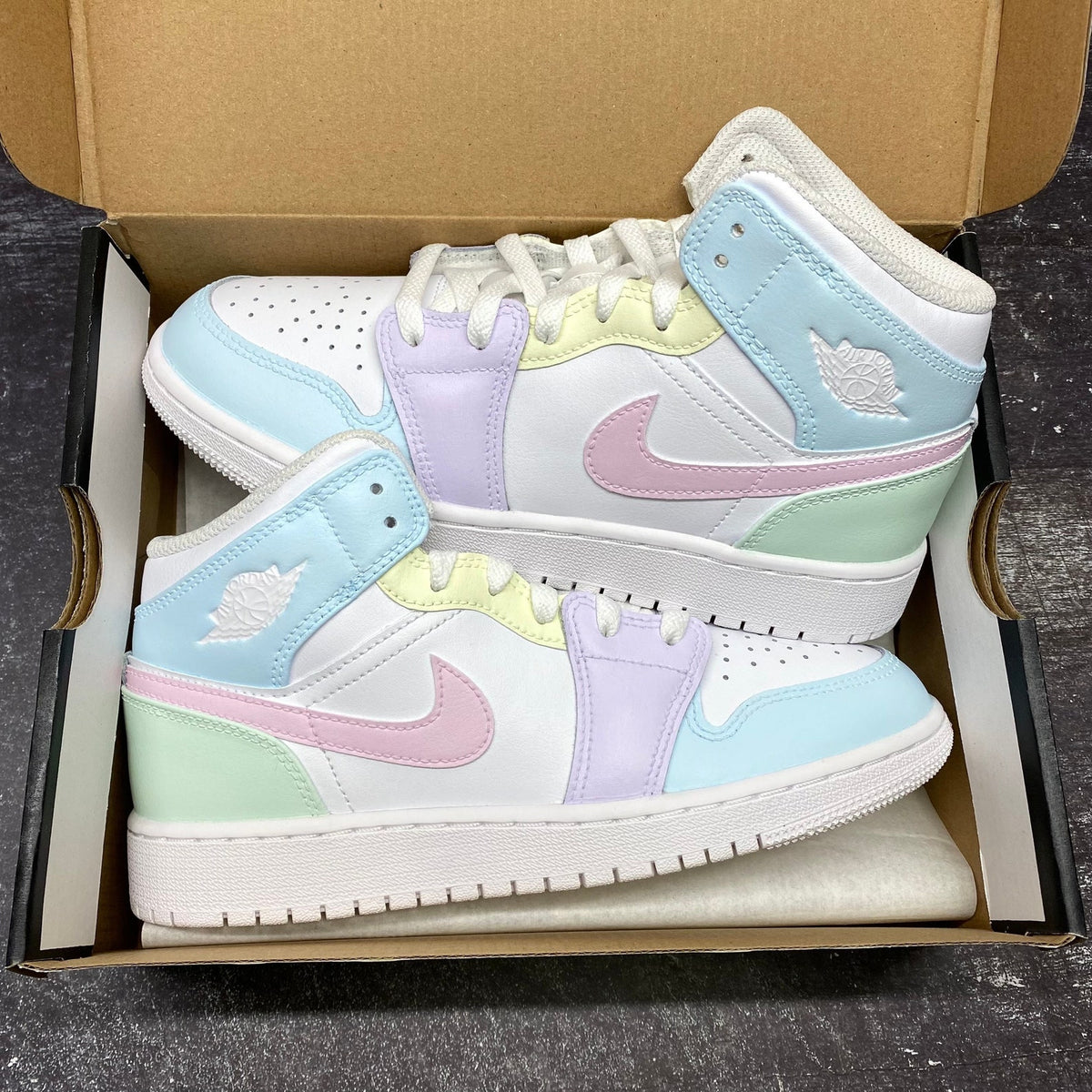 Custom Jordan 1 Mid, Rainbow Pastel Colors, Back to School, Nike Air, Easter Style, Girls, Womens, Mens, Lilac, Pink, Blue, Green, Yellow
