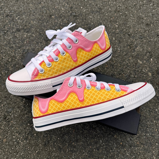 Waffle Cone Ice Cream Drip White Converse Low Top Shoes - Womens, Girls, Mens Custom Converse Chuck Taylor Sneakers