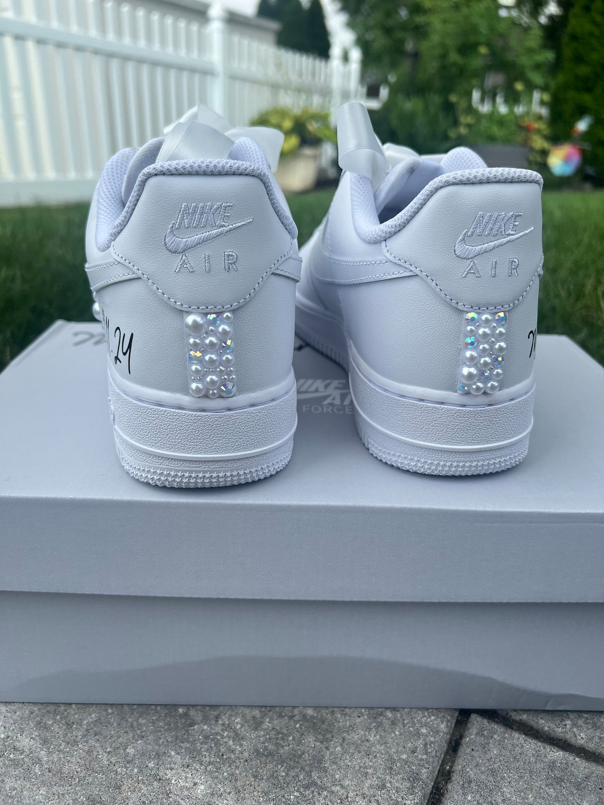 Youth Wedding Sneakers: Personalized white irridescent Rhinestone and white Pearl Air Force 1