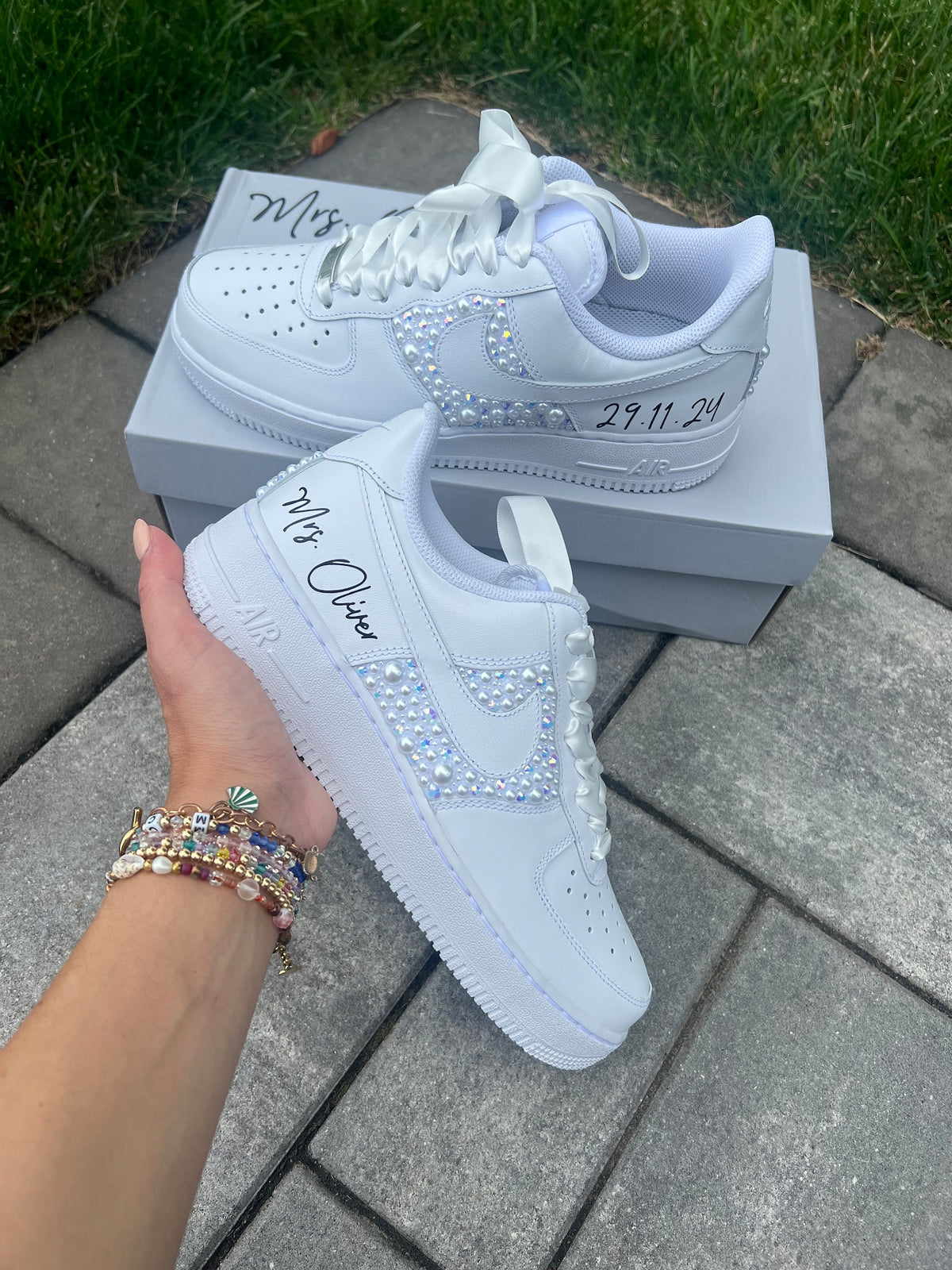 Youth Wedding Sneakers: Personalized white irridescent Rhinestone and white Pearl Air Force 1