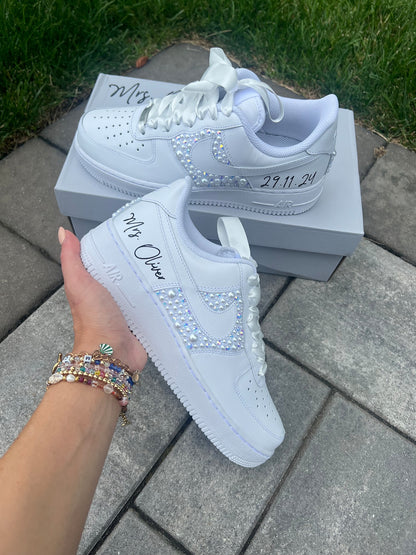 Youth Wedding Sneakers: Personalized white irridescent Rhinestone and white Pearl Air Force 1