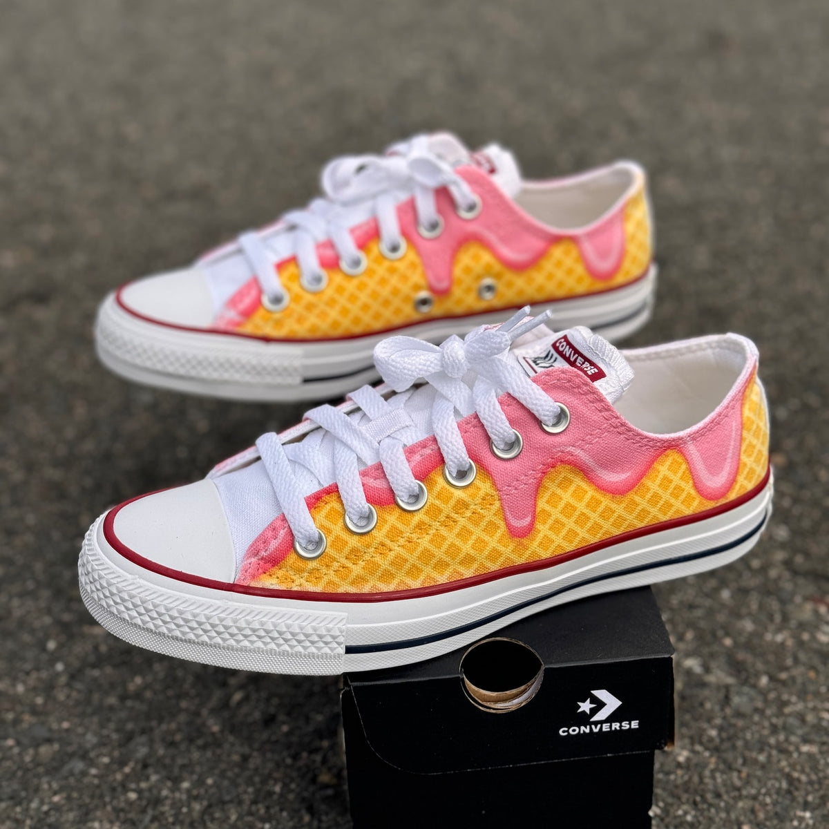 Waffle Cone Ice Cream Drip White Converse Low Top Shoes - Womens, Girls, Mens Custom Converse Chuck Taylor Sneakers