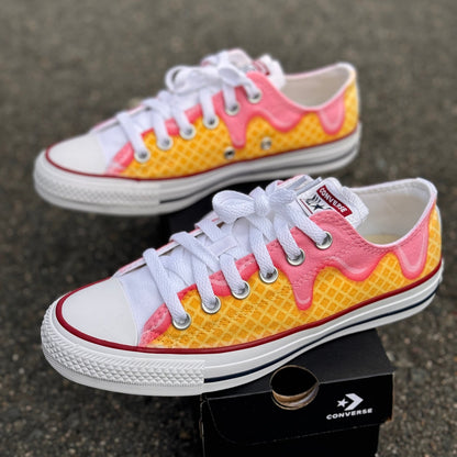 Waffle Cone Ice Cream Drip White Converse Low Top Shoes - Womens, Girls, Mens Custom Converse Chuck Taylor Sneakers