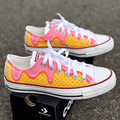 Waffle Cone Ice Cream Drip White Converse Low Top Shoes - Womens, Girls, Mens Custom Converse Chuck Taylor Sneakers
