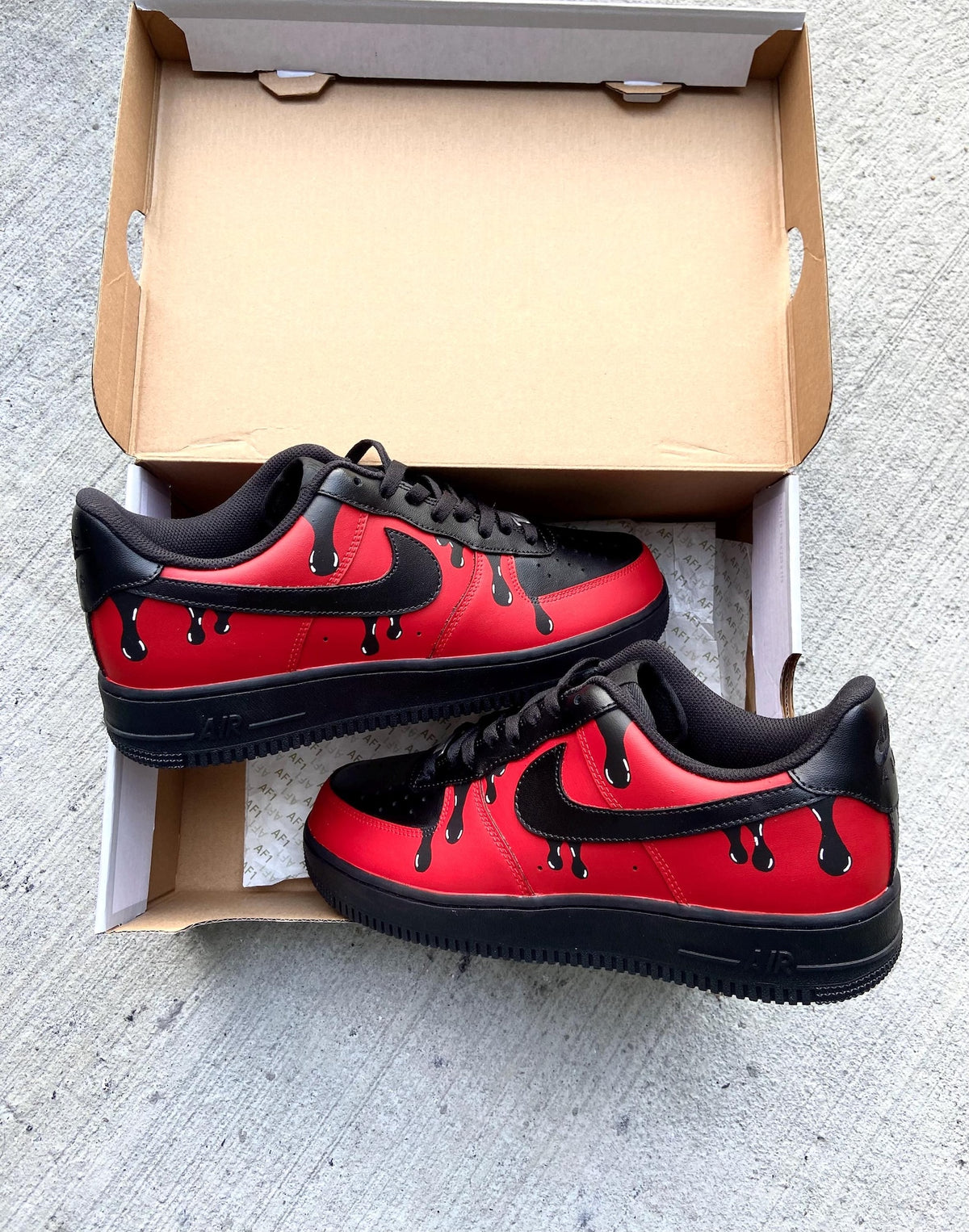 Custom Black and Red Drip Sneakers | Personalized Black Custom Drip Shoes | Hand-Painted Red and Black Sneakers