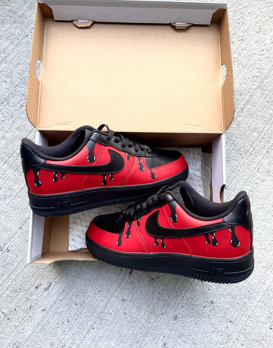 Custom Black and Red Drip Sneakers | Personalized Black Custom Drip Shoes | Hand-Painted Red and Black Sneakers