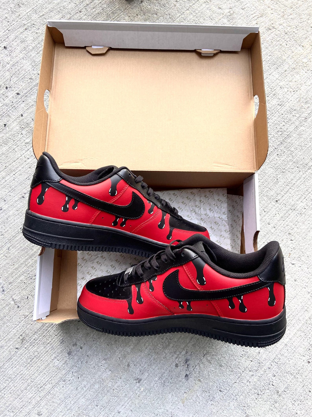 Custom Black and Red Drip Sneakers | Personalized Black Custom Drip Shoes | Hand-Painted Red and Black Sneakers
