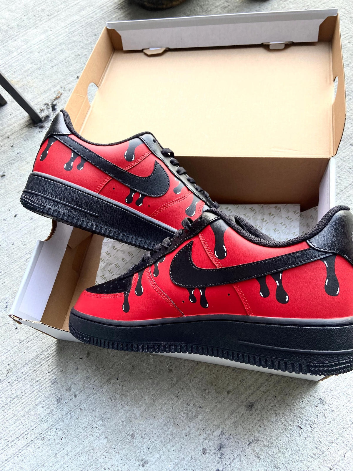 Custom Black and Red Drip Sneakers | Personalized Black Custom Drip Shoes | Hand-Painted Red and Black Sneakers