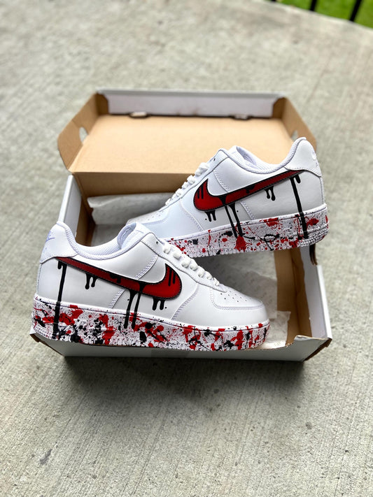 Custom Red Drippy Air Force 1 | Hand-Painted Drip Sneakers | Red Splatter Custom Shoes | Personalized Drip Design