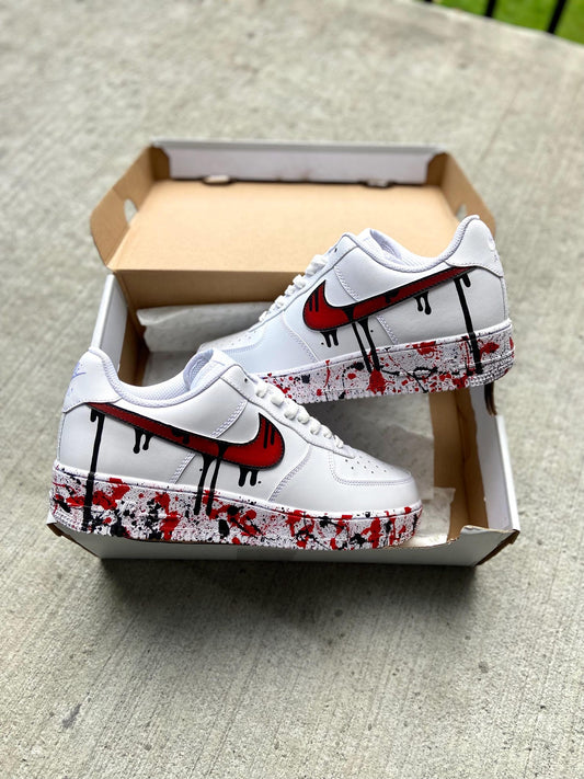 Custom Red Drippy Air Force 1 | Hand-Painted Drip Sneakers | Red Splatter Custom Shoes | Personalized Drip Design